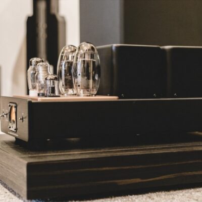 Chameleon Audio Shelves Stands with a Preamplifier on Top