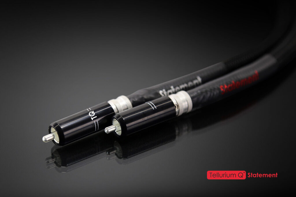 Tellurium Q Statement II RCA Cable close-up showing precision RCA connectors and premium black braided finish